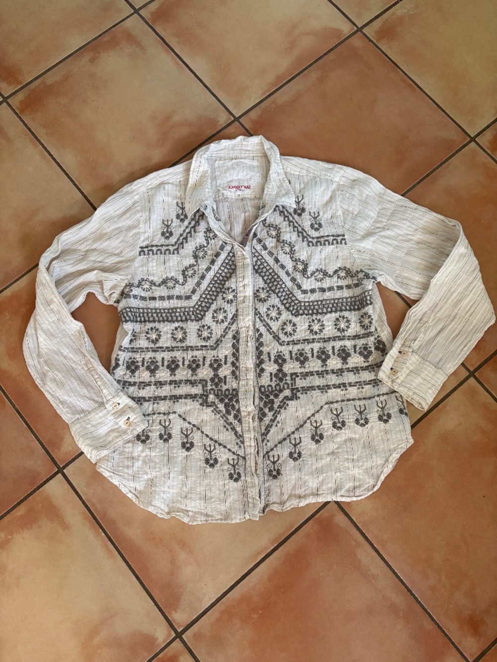 Johnny Was Embroidered Striped Button Up Shirt Size XL